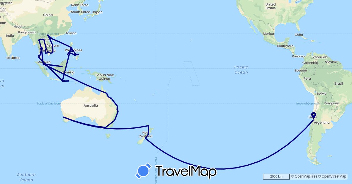 TravelMap itinerary: driving in Australia, Chile, Indonesia, Cambodia, Laos, Malaysia, New Zealand, Philippines, Thailand, Vietnam (Asia, Oceania, South America)